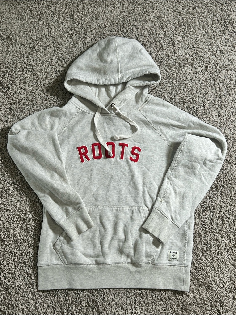 Roots Heather Gray Hoodie with Red Logo